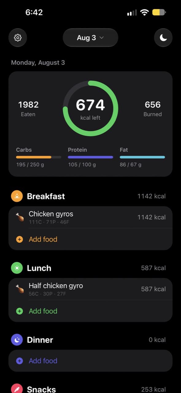 Around's nutrition log in dark mode